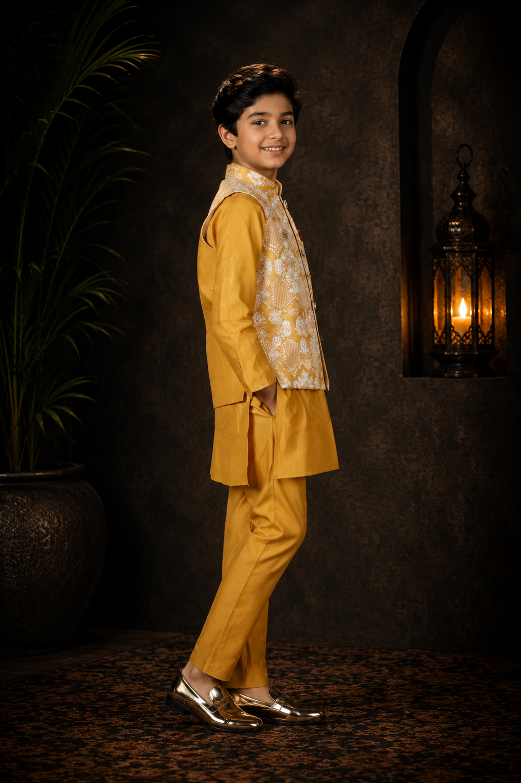 Boys Mustard Yellow Kurta Pajama Set with Printed Nehru Jacket | Festive Ethnic Wear 1008-425-MST-PR - Image 2