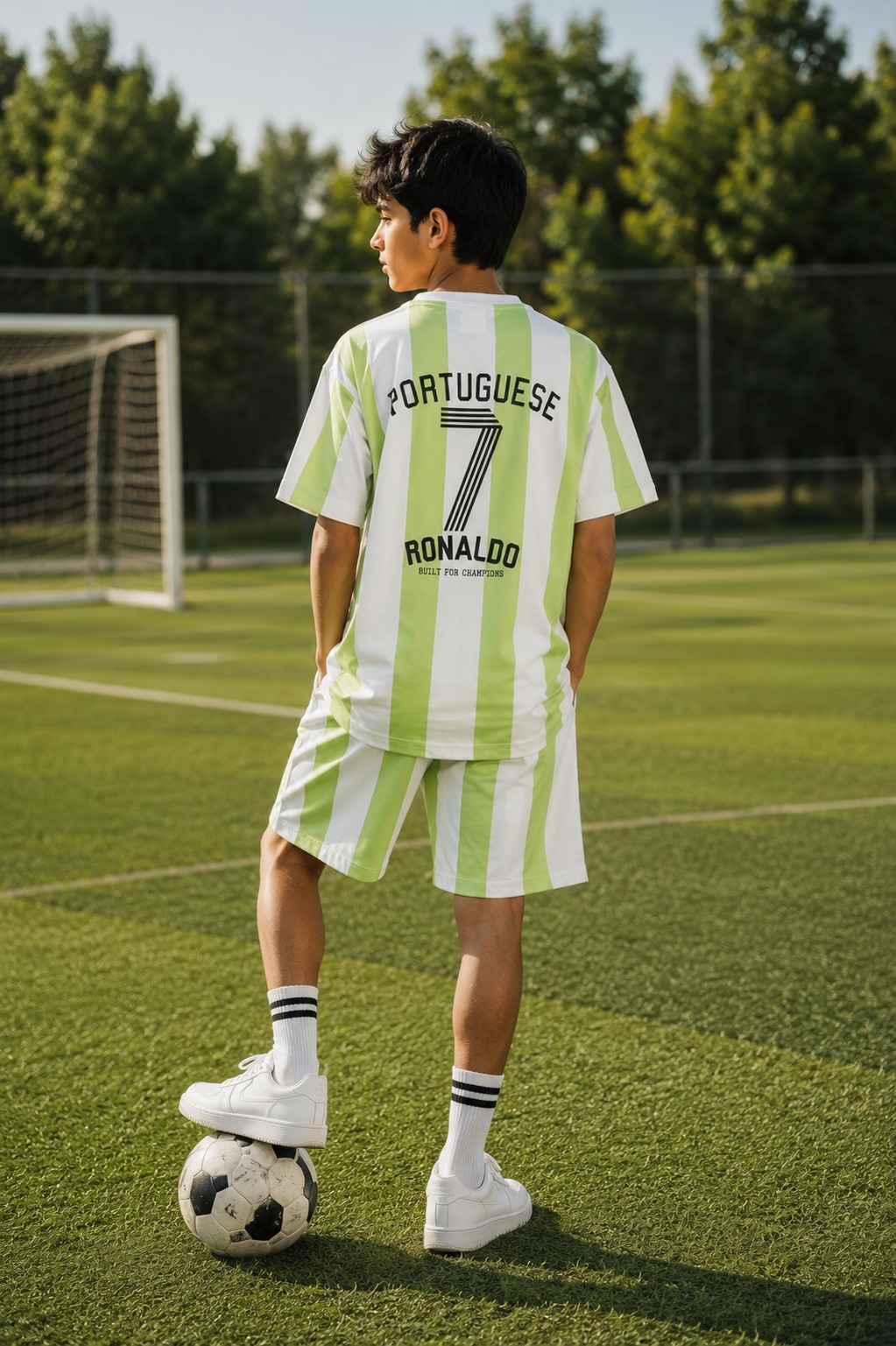 Boys Green & White Striped Football Jersey & Shorts Set | Half Sleeve Kids Sportswear 13094LN-268-GRN - Image 2