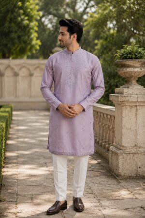 Men's Lavender Embroidered Kurta with White Pajama | Premium Festive Ethnic Wear 1901-437-PPL-EMB