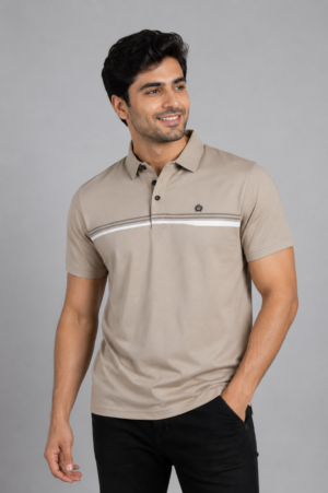 Men's Beige Striped Polo T-Shirt | Premium Cotton | Regular Fit | Half Sleeve Casual Polo Tee 8040-428-BEG