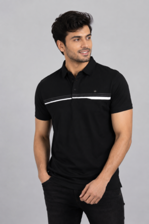 Men's Black Striped Polo T-Shirt | Premium Cotton | Regular Fit | Half Sleeve Smart Casual Polo Tee 8040-428-NVY