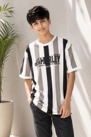 Boys White & Black Vertical Striped Oversized Cotton T-Shirt | Casual Half Sleeve Graphic Tee 52227-268-BLK-LI