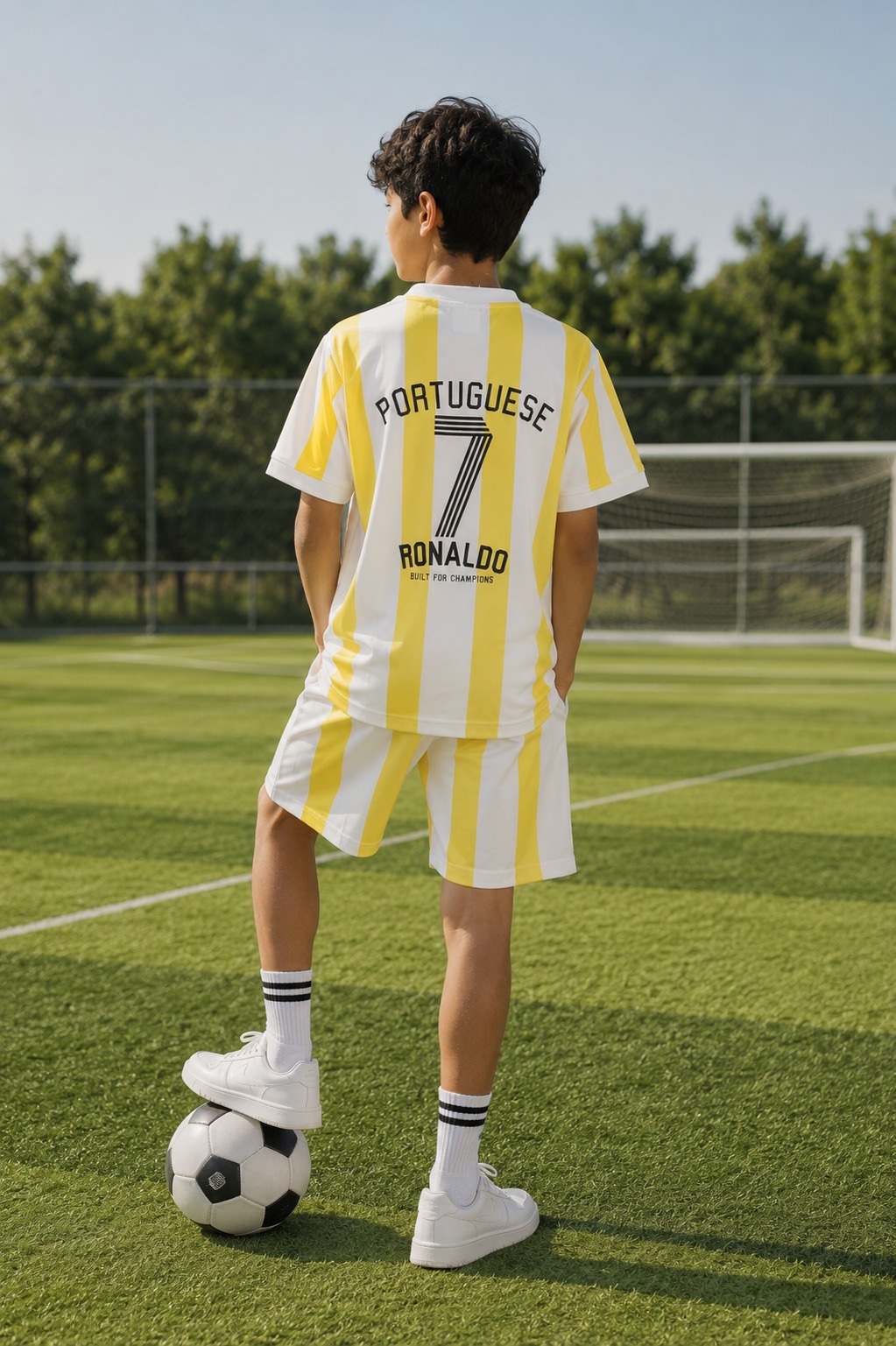 Boys Yellow & White Striped Football Jersey & Shorts Set | Half Sleeve Kids Sportswear 13094LN-268-YLW - Image 2