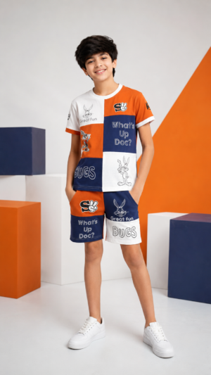 Boys Orange & Navy Color Block Graphic T-Shirt & Shorts Co-Ord Set | Half Sleeve Casual Summer Wear 13259PT-268-ORG WHT