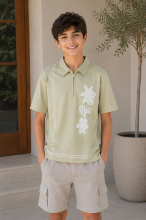 Boys Sage Green Floral Print Polo Collar Cotton T-Shirt | Casual Half Sleeve Summer Tee 6521-268-LPST-PR