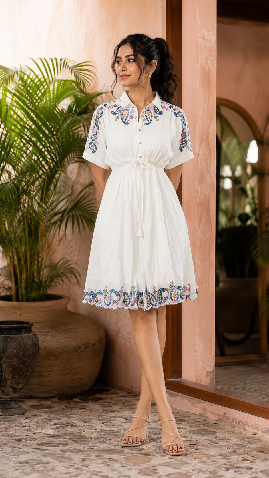 Women's White Floral Embroidered Fit & Flare Dress | Short Sleeve Tie-Waist Casual Summer Wear LD46A-427-O WHT GRN-EM
