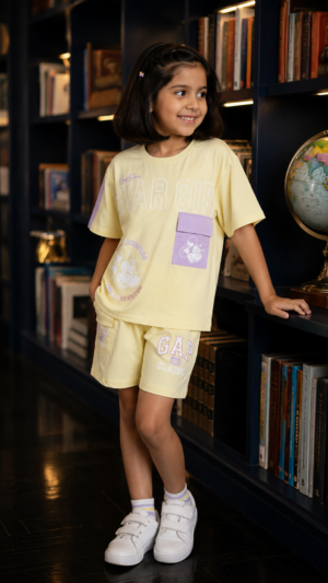 Girls Pastel Yellow Cotton Co-Ord Set | Half Sleeve T-Shirt & Shorts Casual Summer Outfit 14236PT-268-LMN PPL