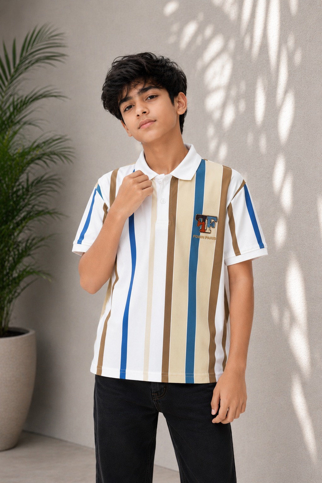Boys White Multi-Stripe Polo Collar Cotton T-Shirt | Casual Half Sleeve Summer Tee 52538A-268-BLU-LI