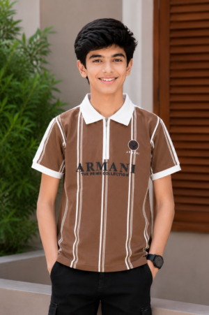 Boys Brown Striped Polo Collar Cotton T-Shirt | Casual Half Sleeve Summer Tee 52601-020-BRN-LI