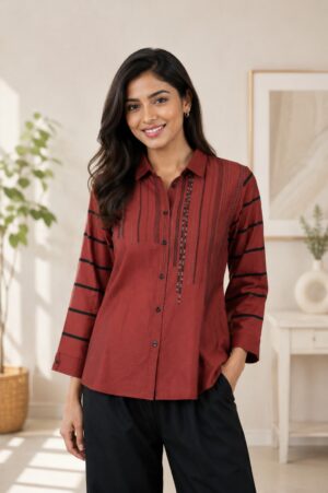 Women's Rust Red Striped Button-Down Shirt | Full Sleeve Casual & Office Wear 4762-331-WNE-PR