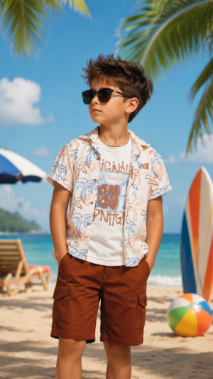 Boys White Graphic Print Cotton T-Shirt & Brown Shorts Co-Ord Set | Soft & Breathable Casual Summer Wear 5223-433-MLT-PR