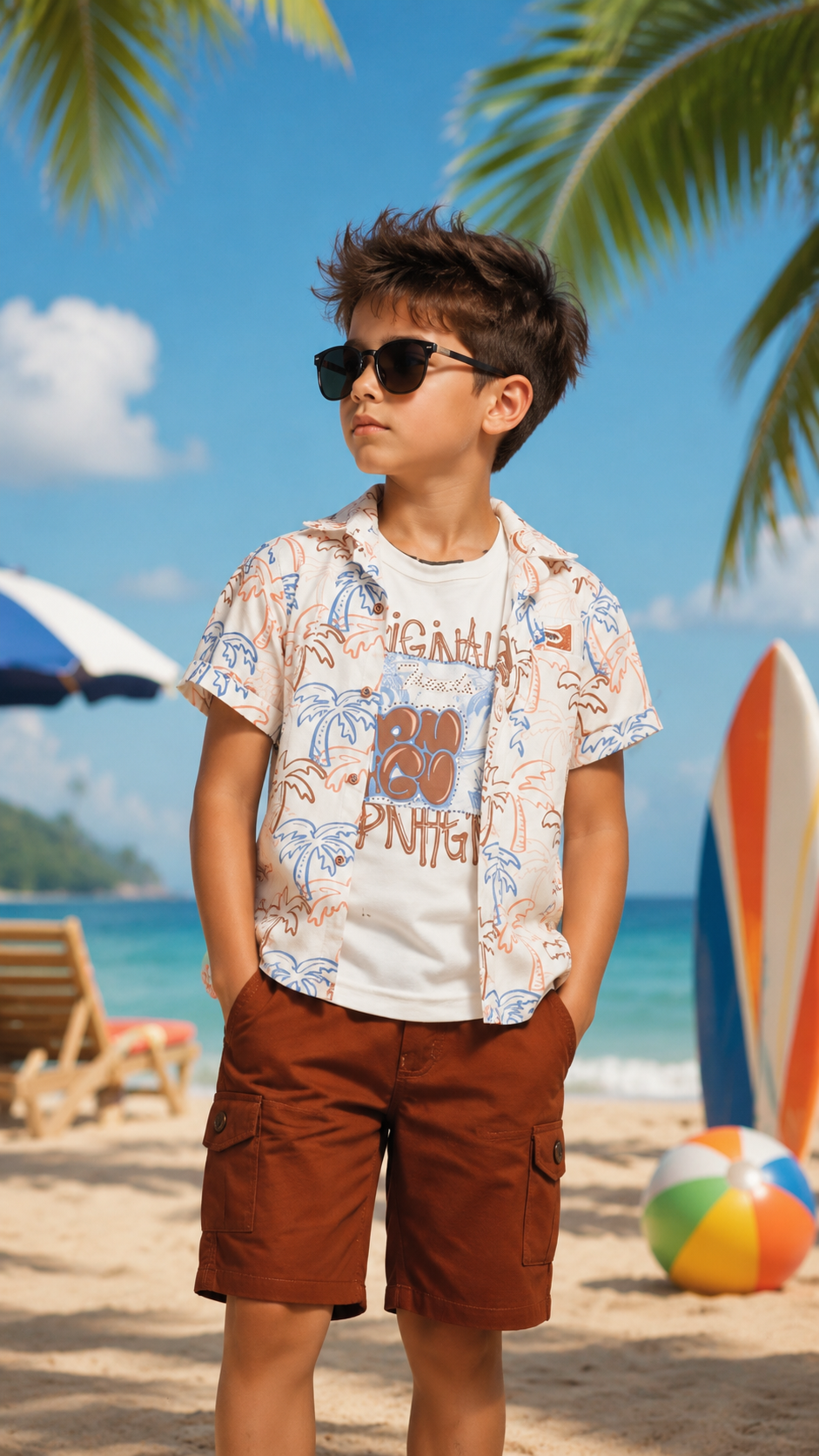 Boys White Graphic Print Cotton T-Shirt & Brown Shorts Co-Ord Set | Soft & Breathable Casual Summer Wear 5223-433-MLT-PR