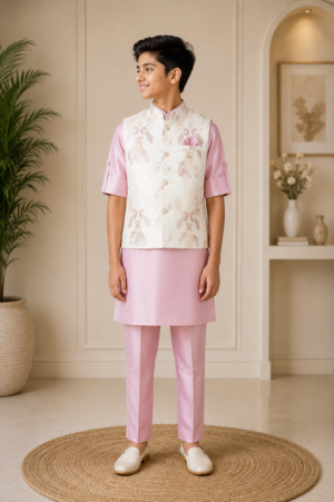 Boys Pastel Pink Kurta Pajama Set with Ivory Printed Nehru Jacket | Premium Festive Ethnic Wear  2626-366-ONN-PR