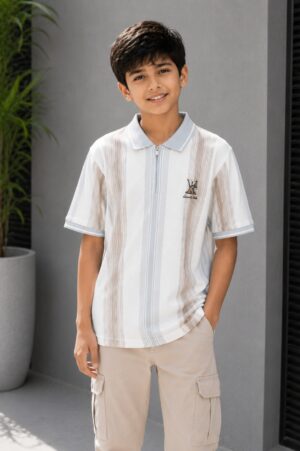 Boys White & Beige Striped Polo Collar Cotton T-Shirt | Casual Half Sleeve Summer Tee 52224-268-S BLU-LI
