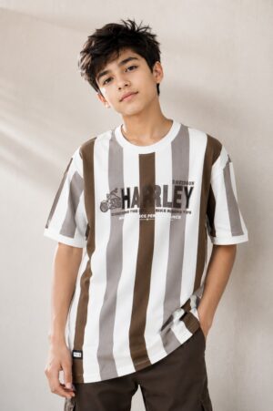 Boys White & Brown Vertical Striped Oversized Cotton T-Shirt | Casual Half Sleeve Graphic Tee 52227-268-BRN-LI
