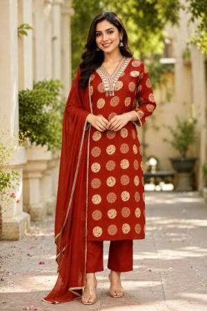 Women's Rust Red Printed Kurta Pant Dupatta Set | Elegant Ethnic Suit | Straight Fit | Festive, Office & Casual Wear 86PT-449-RST