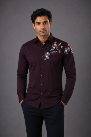 Men's Burgundy Floral Embroidered Slim Fit Full Sleeve Casual Shirt | Soft Cotton Blend | Stylish Party & Smart Casual Wear 18305-401-WNE