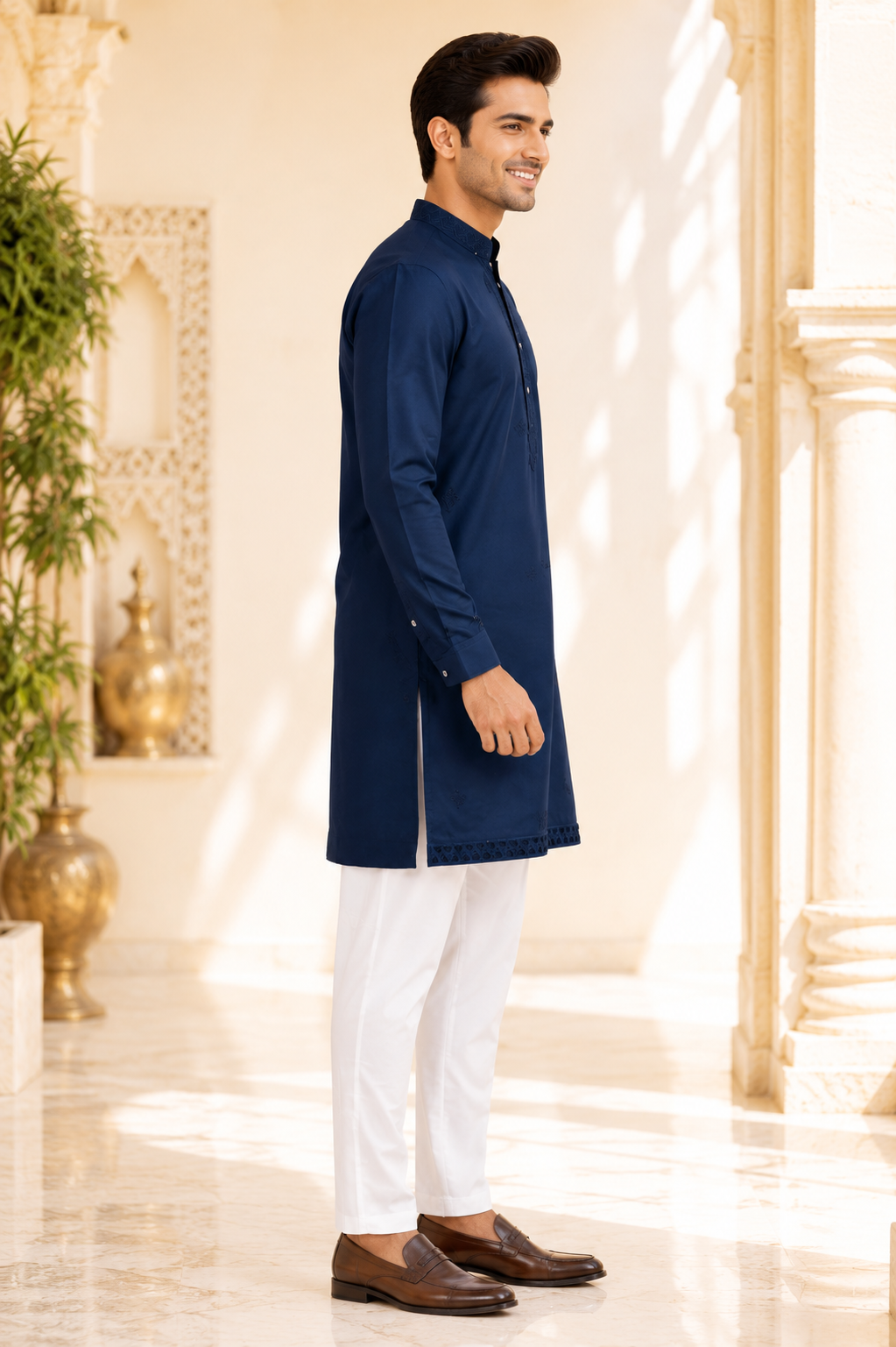 Men's Navy Blue Embroidered Kurta with White Pajama | Premium Festive Ethnic Wear 2003-437-BLU-EMB - Image 2