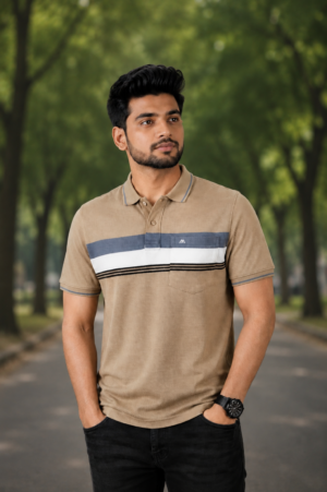 23524 Men's Beige Color Block Striped Polo T-Shirt with Chest Pocket | Premium Cotton Polo Neck Tee 23524-268-BEG
