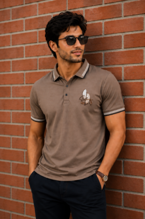 33901 Men's Taupe Polo T-Shirt with Embroidered Chest Logo | Premium Cotton Short Sleeve Polo 33901-268-BEG
