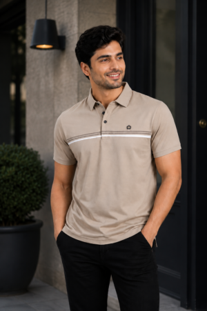 8040 Men's Beige Striped Polo T-Shirt | Premium Cotton | Regular Fit | Half Sleeve Casual Polo Tee 8040-428-BEG