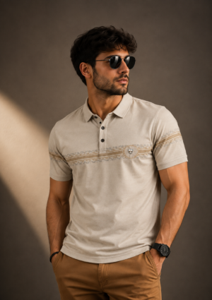 Men's Sand Beige Textured Stripe Polo T-Shirt | Premium Cotton | Regular Fit | Half Sleeve Smart Casual Polo Tee 5627-395-D.BEG