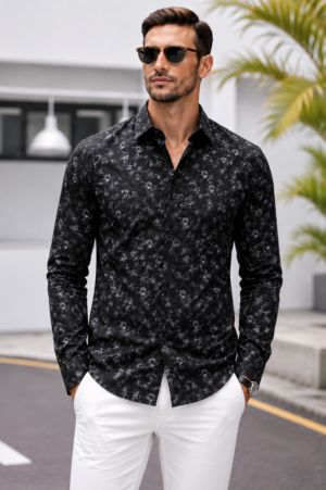 10153 Men's Black Floral Printed Full Sleeve Casual Shirt | Slim Fit | Button-Down | Premium Cotton Blend | Office & Casual Wear 10153-438-BLK.PR