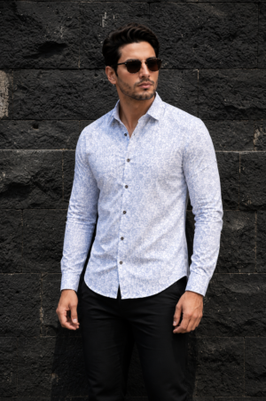 10153 Men's White & Sky Blue Floral Printed Full Sleeve Casual Shirt | Slim Fit | Button-Down | Premium Cotton Blend | Office & Casual Wear 10153 438-WHT.PR