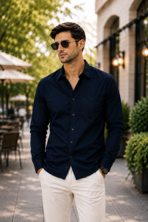1236 Men's Navy Blue Solid Full Sleeve Casual Shirt | Slim Fit | Button-Down | Premium Cotton Blend | Office & Casual Wear 1236-49-NY BLU