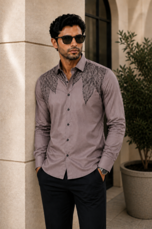 15320 Men's Taupe Embroidered Slim Fit Full Sleeve Casual Shirt | Soft Cotton Blend | Designer Smart Casual & Party Wear 15320-401-D ONN