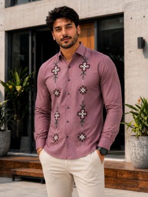 17313 Men's Dusty Rose Embroidered Full Sleeve Casual Shirt | Slim Fit | Button-Down | Premium Cotton Blend 17313-401-ONN