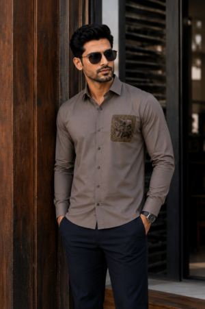 17328 Men's Taupe Solid Slim Fit Full Sleeve Casual Shirt with Printed Chest Pocket | Soft Cotton Blend | Smart Casual Wear 17328-401-BWN
