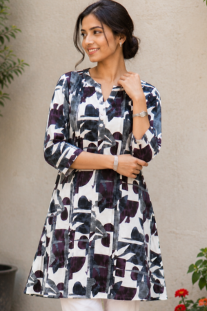 1334 Women's Black & White Floral Printed Cotton A-Line Kurta | Round Neck | 3/4 Sleeves | Ethnic Casual, Office & Daily Wear 1334-415-DGN-PR