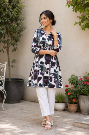 Women's Black & White Floral Printed Cotton A-Line Kurta | Round Neck | 3/4 Sleeves | Ethnic Casual, Office & Daily Wear 1334-415-DGN-PR