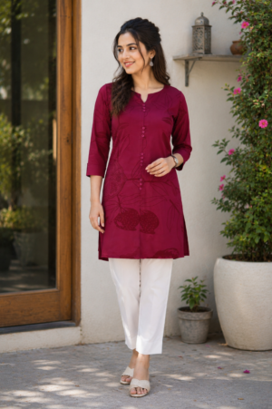 Women's Maroon Cotton Embroidered Straight Kurti | 3/4 Sleeves | Casual, Office & Festive Wear 1376-415-D-ONN-PR