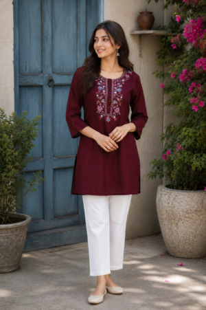Women's Maroon Cotton Straight Kurti with Floral Embroidery | 3/4 Sleeves | Casual, Office & Festive Wear LD09-427-WNE-EM