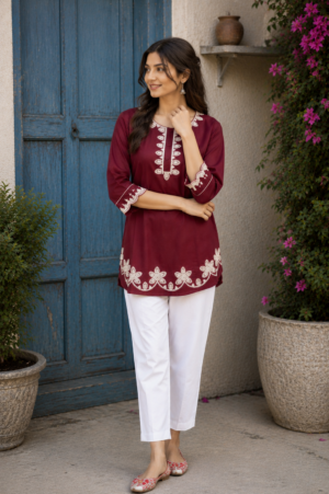 Women's Maroon Embroidered Cotton Straight Kurta | Round Neck | 3/4 Sleeves | Ethnic Casual, Office & Daily Wear LD12-427-GJR-EM