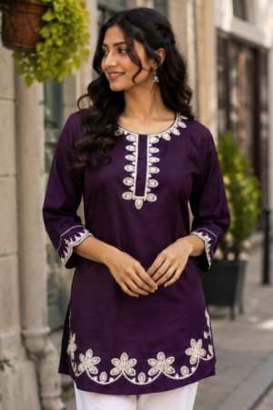 LD12 Women's Deep Purple Floral Embroidered Cotton Straight Kurta | Round Neck | 3/4 Sleeves | Ethnic Casual, Office & Daily Wear LD12-427-LAV-EM