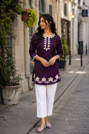 Women's Deep Purple Floral Embroidered Cotton Straight Kurta | Round Neck | 3/4 Sleeves | Ethnic Casual, Office & Daily Wear LD12-427-LAV-EM