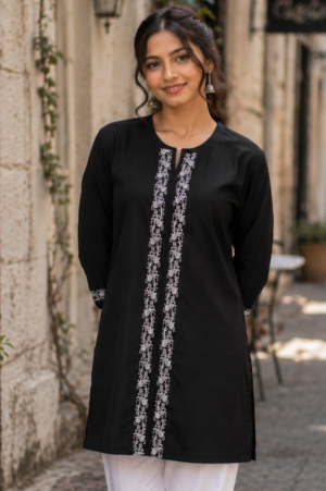 NP004 Women’s Black Cotton Short Kurti with Elegant Vertical Embroidery NP004-349-BLK-EM