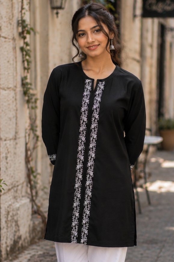 NP004 Women’s Black Cotton Short Kurti with Elegant Vertical Embroidery NP004-349-BLK-EM