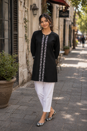 Women's Black Embroidered Straight Cotton Kurta | Round Neck | 3/4 Sleeves | Ethnic Casual, Office & Daily Wear NP004-349-BLK-EM