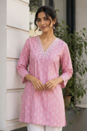 Women's Pink Cotton Straight Kurti with Ethnic Print | V-Neck | 3/4 Sleeves | Casual, Office & Daily Wear PK011-347-PNK-PR