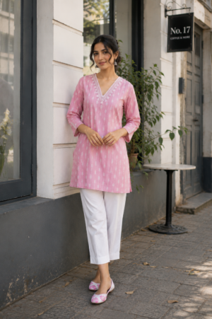Women's Pink Cotton Straight Kurti with Ethnic Print | V-Neck | 3/4 Sleeves | Casual, Office & Daily Wear PK011-347-PNK-PR