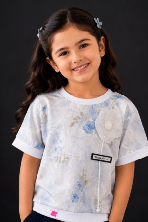 Girls Sky Blue Floral Printed Cotton T-Shirt | Casual Half Sleeve Graphic Tee 1468-411-WHT BLU-FL