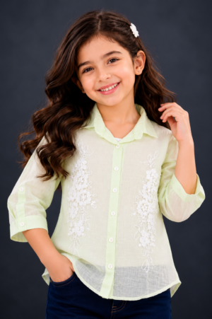 Girls Light Green Embroidered Sheer Cotton Shirt | Casual Full Sleeve Top 636-411-L GRN-FL