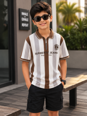 Boys White & Brown Striped Polo Collar T-Shirt with Black Cargo Shorts | Casual Summer Co-Ord Set 52264-268-BRN-LI