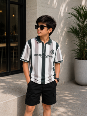 Boys White & Forest Green Striped Polo Collar T-Shirt with Black Cargo Shorts | Casual Summer Co-Ord Set 52264-268-GRN-LI