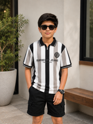 Boys White & Black Striped Polo Collar T-Shirt with Black Cargo Shorts | Casual Summer Co-Ord Set 52264-268-BLK-LI