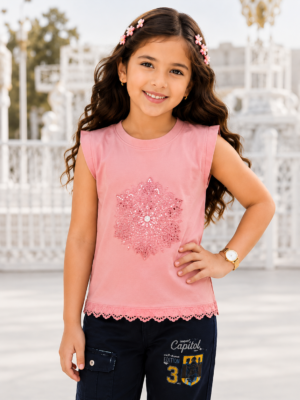 Girls Pink Embellished Sleeveless Cotton Top | Casual Summer Party Wear Top 288EM-447-PCH